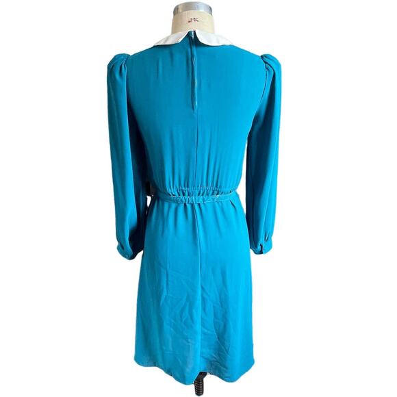 Vintage 70s 80s Turquoise Sheer Fit & Flare Knee Length Collared Dress Size 8 - Picture 3 of 7